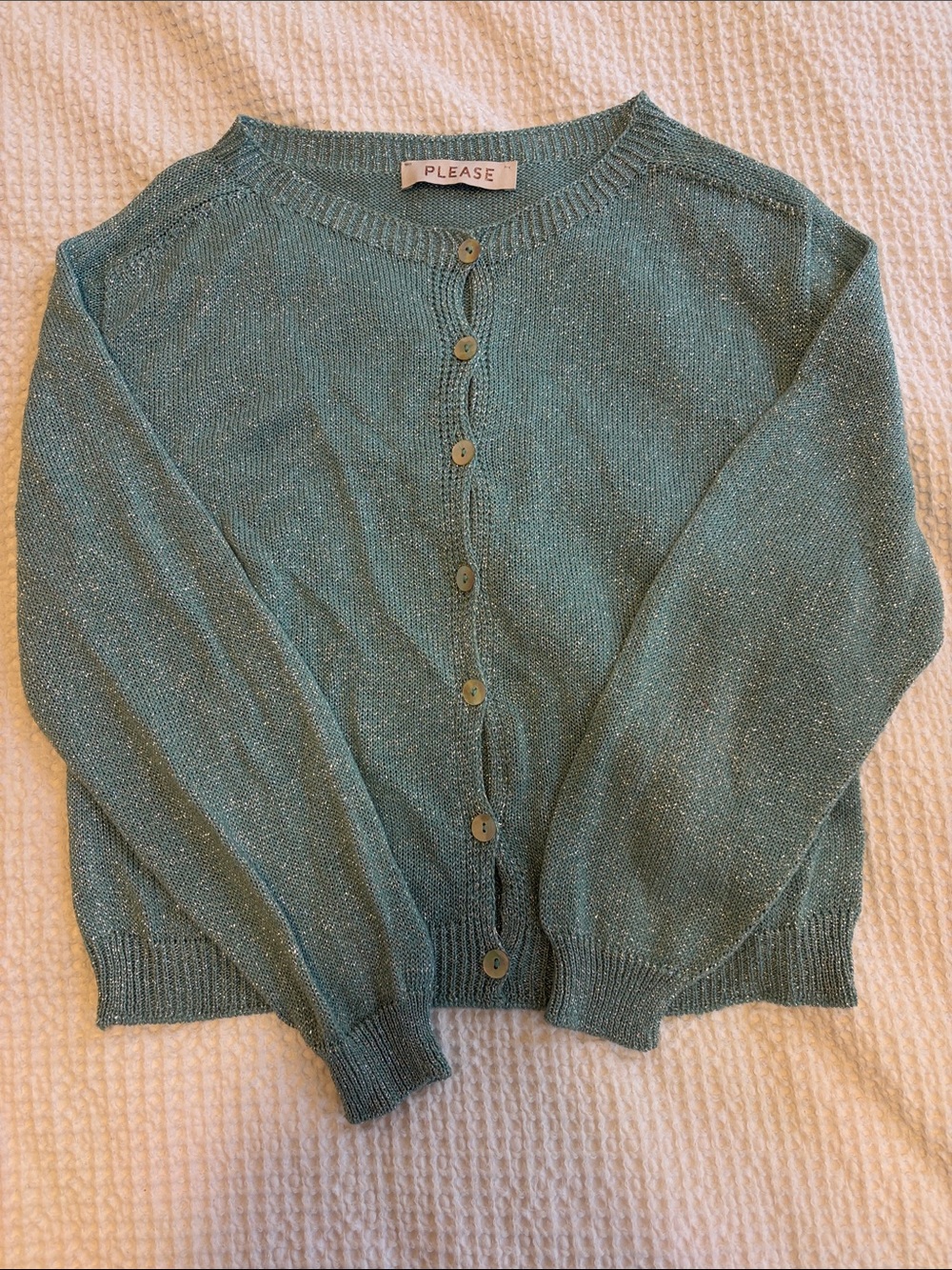 Please Embellished Teal Button-Front Cardigan